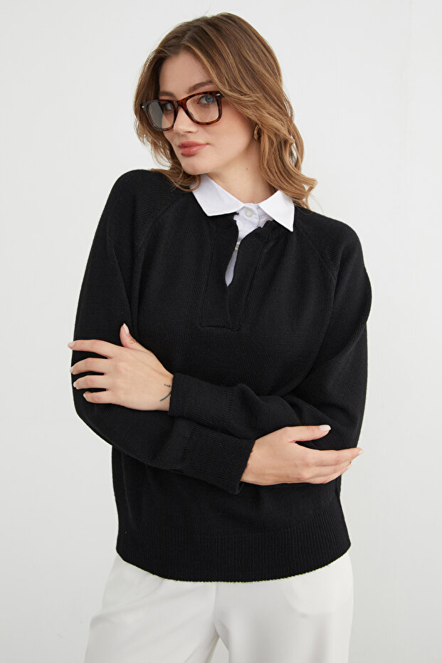 Basic Gömlek Yaka Triko Kazak - 8