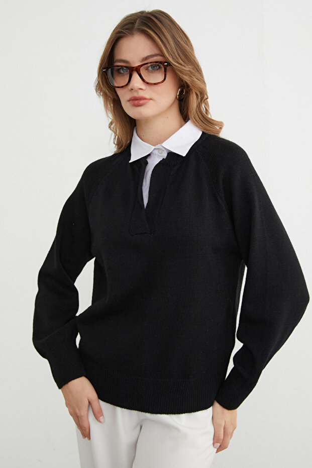 Basic Gömlek Yaka Triko Kazak - 7