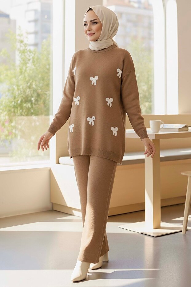 Bow Embroidered Double Knitwear Set Mink - 28032-Vizon