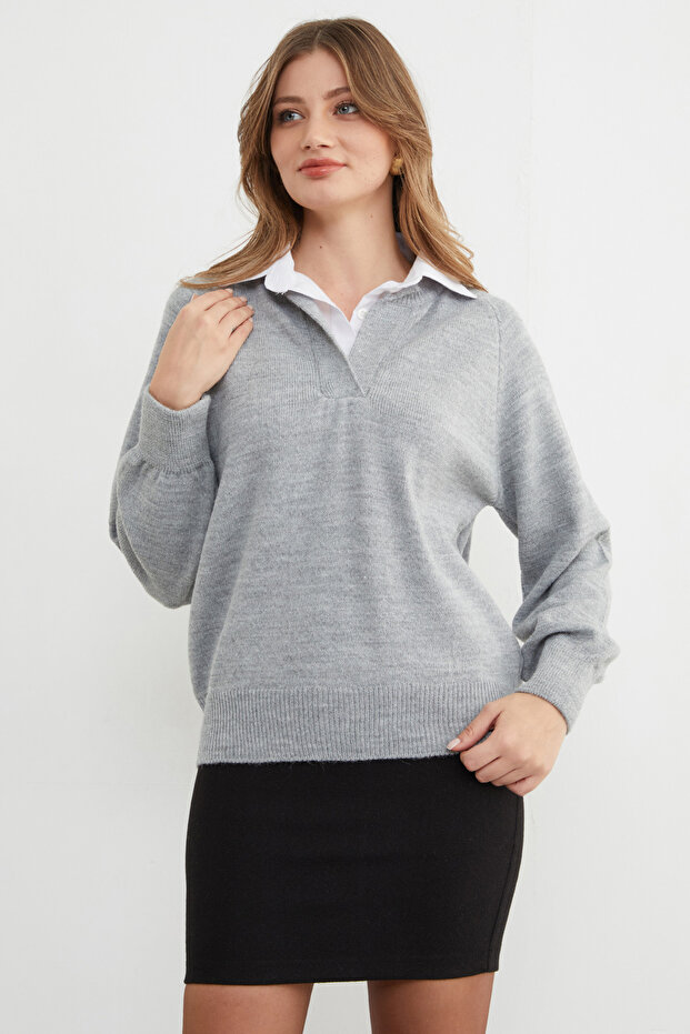 Basic Gömlek Yaka Triko Kazak - 1