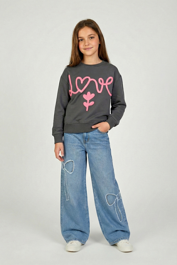 Ribbon Bow Embroidered Girls' Jeans Soft Textured Wide Leg Loose Leg Jeans