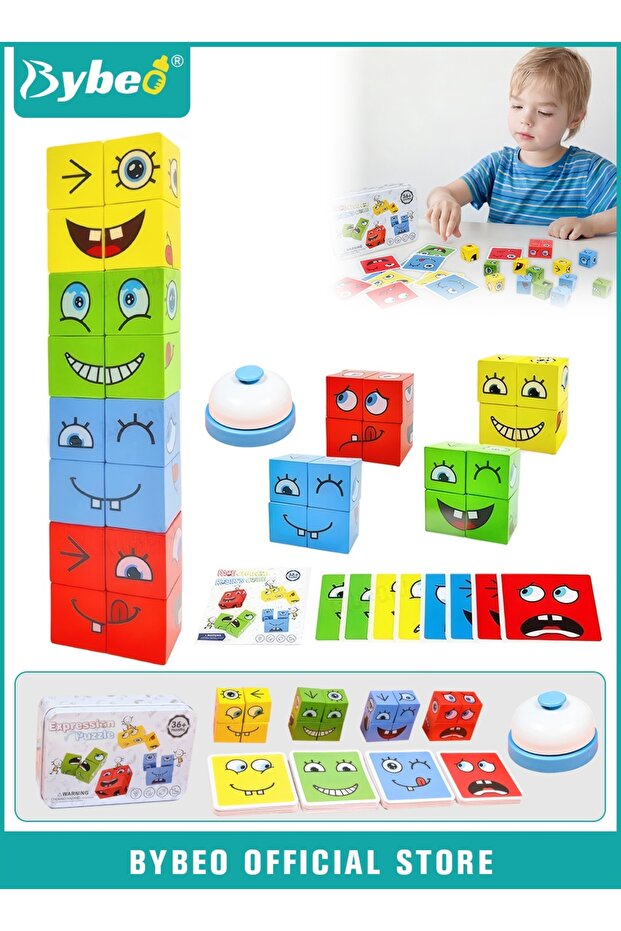 Expression Blocks Set with Clap Bell and 64 Cards, Face Changing Wooden Expression Matching Cubes Ga - 1