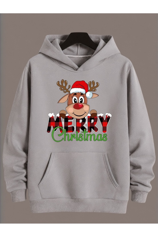 سويت شيرت بأكمام طويلة للجنسين من MERRY CHRISTMAS GEYİK B مطبوع مقاس كبير ذو ياقة دائرية