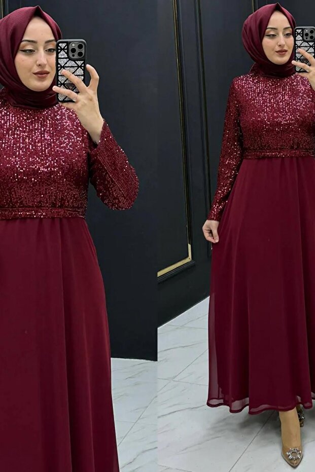 ÇAĞLA ABİYE Kadın Bordo Payetli ve Şifon Kumaş - 6