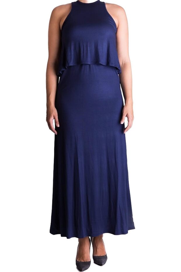 Double Layer Long Maternity & Nursing Dress - Navy - Small
