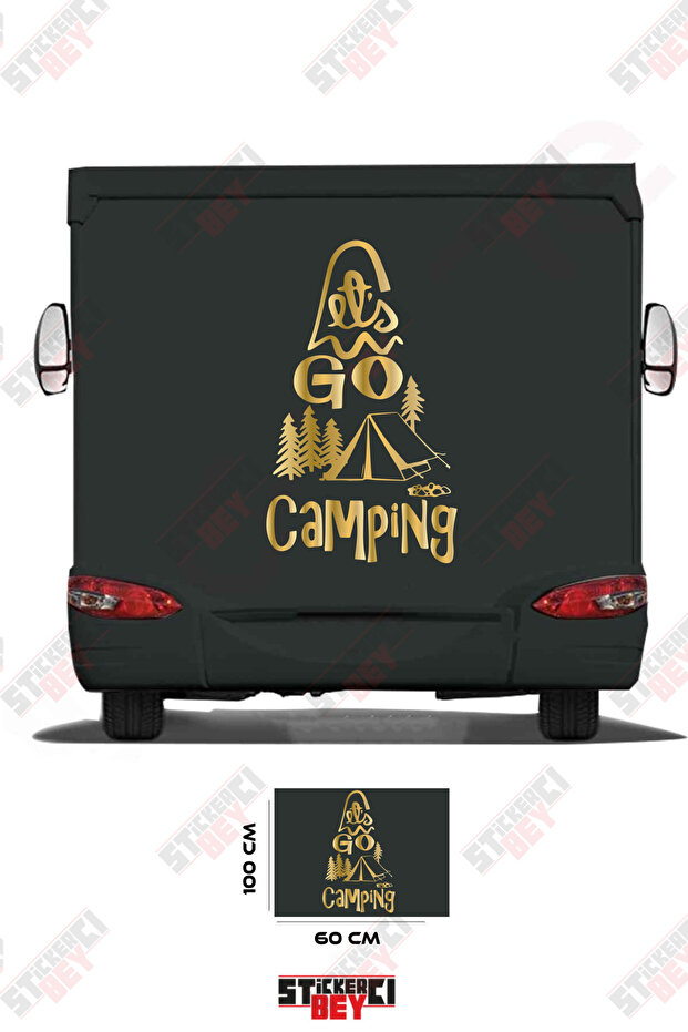 Caravan Sticker Covering with the Text'Go Camping' and an Image of a Tent and a Tree