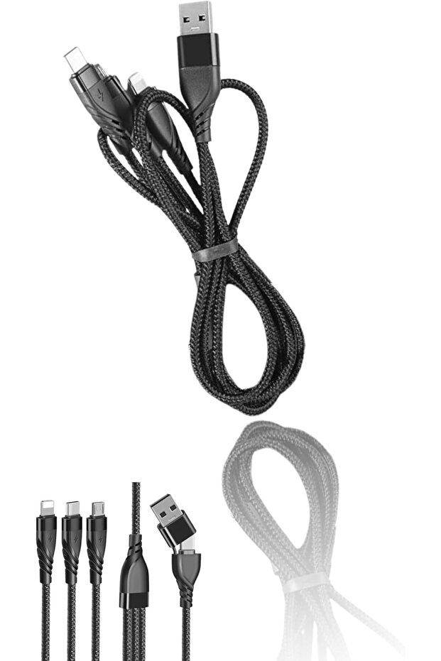 5-in-1 Multi USB A/C Fast Charging Cable - 1.2m Nylon Braided (iP/Micro/Type-C)