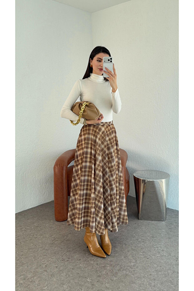 Brown Chiffon Plaid Skirt - 0613