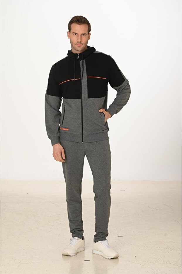 Men's Cotton Full Zip Hooded Tracksuit Set Anthracite M. 5287-A