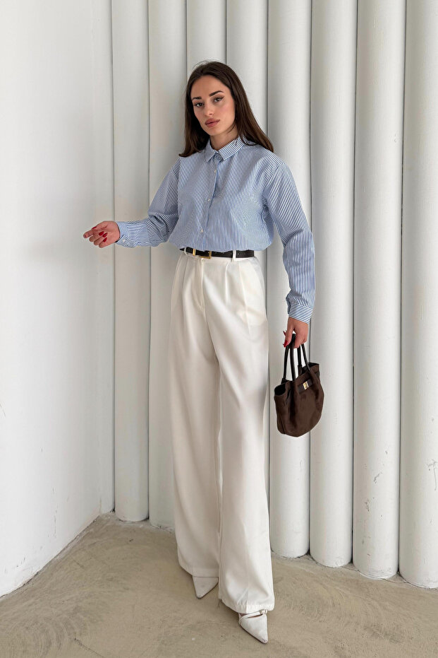 Kadın Mavi Çizgili Oversize Basic Gömlek - 5