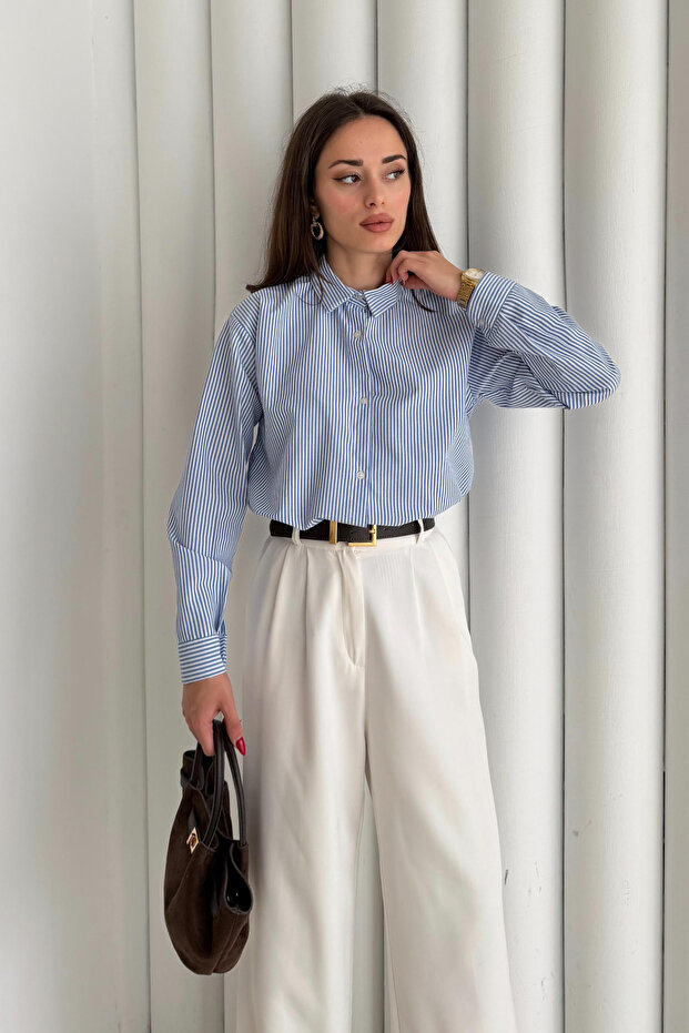 Kadın Mavi Çizgili Oversize Basic Gömlek - 2