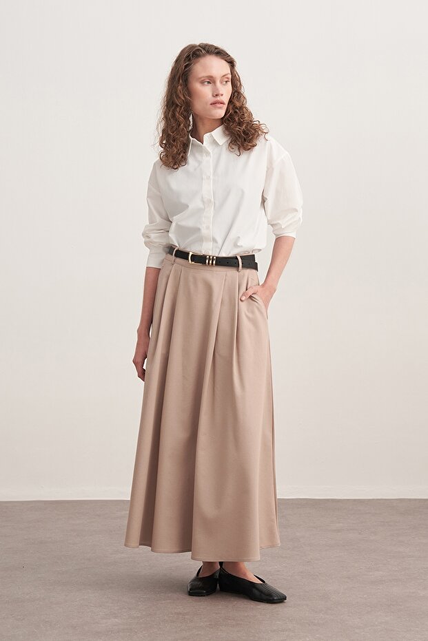 Women's Gabardine Double Pleated Skirt Beige