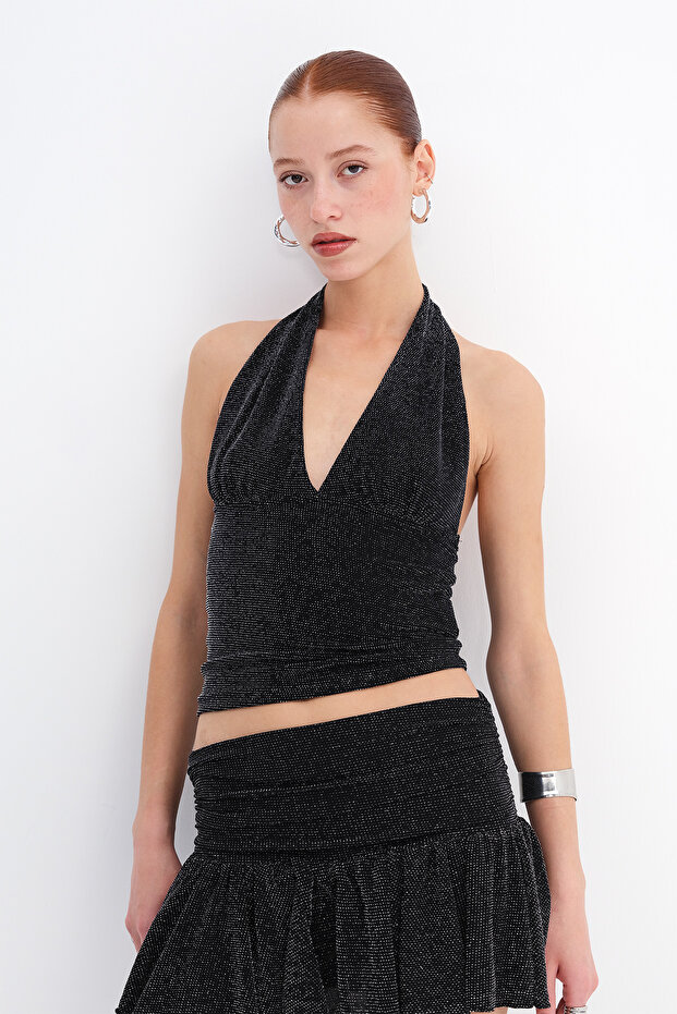 بلوزة بياقة هالتر مع خيوط لامعة A12507 - 5