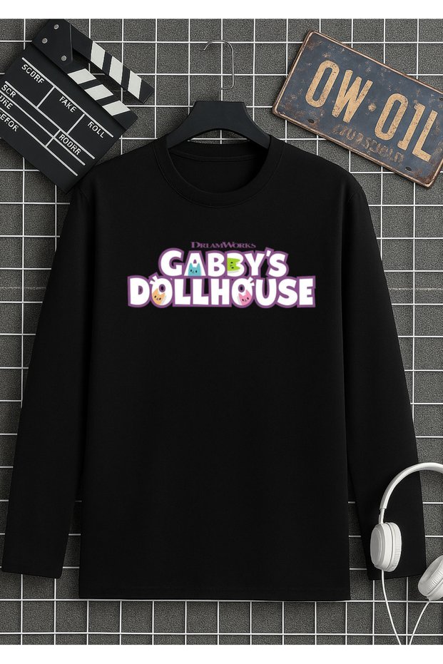 Gabby's Dollhouse Printed Black Long Sleeve Children's T-Shirt 100% Cotton Fabric Organic