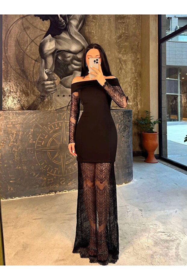 Kayık yaka dantel elbise - 2