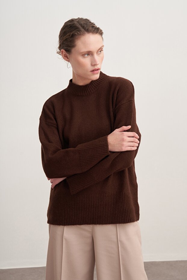 Kadın Basic Triko Kazak Kahve - 2