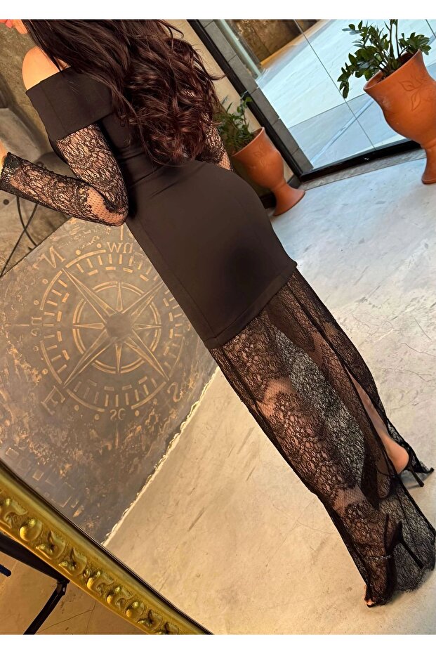 Kayık yaka dantel elbise - 3