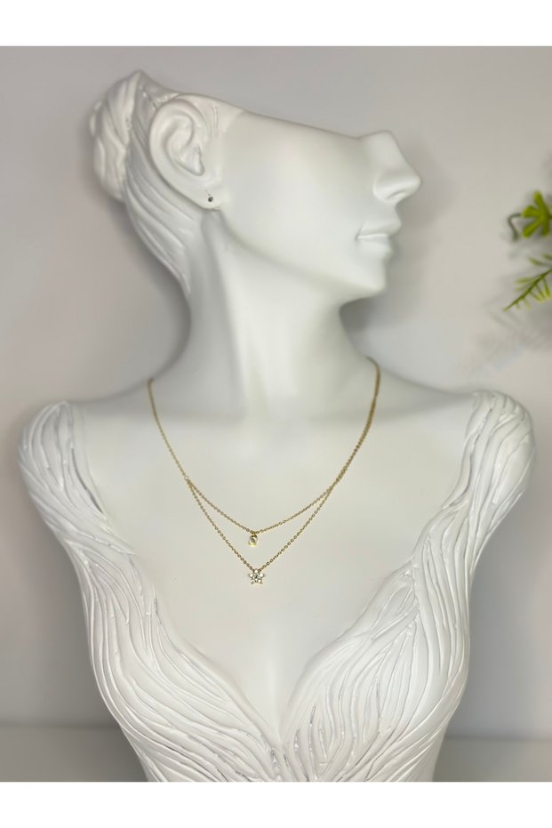 Flower Model Double Women's Steel Necklace Anti-Tarnish S Water-Resistant Anti-Allergic