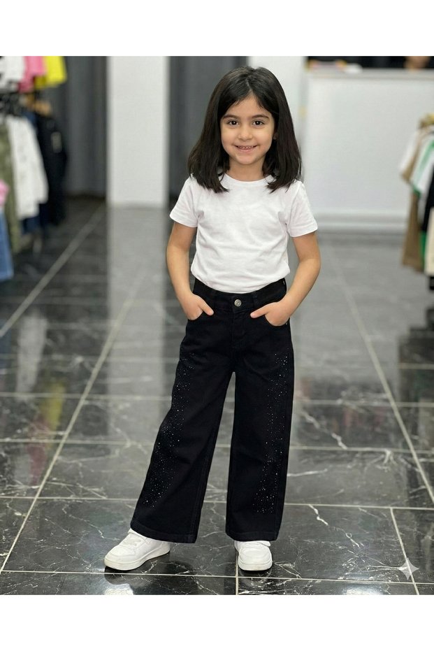Girl's Jean Trousers Palazzo Wide Leg Stone Detailed Jeans