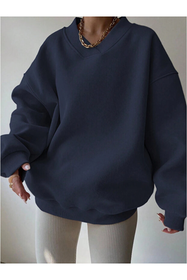 Oversize V Yaka Kadın Sweatshirt - 6
