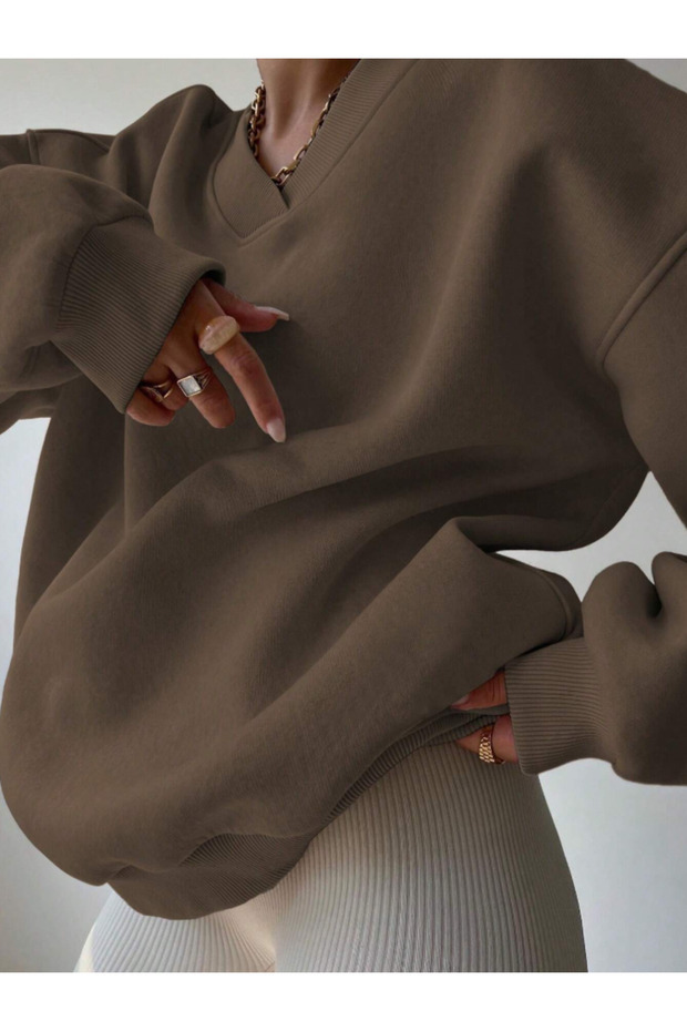 Oversize V Yaka Kadın Sweatshirt - 2