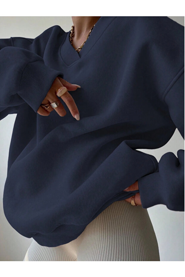 Oversize V Yaka Kadın Sweatshirt - 2