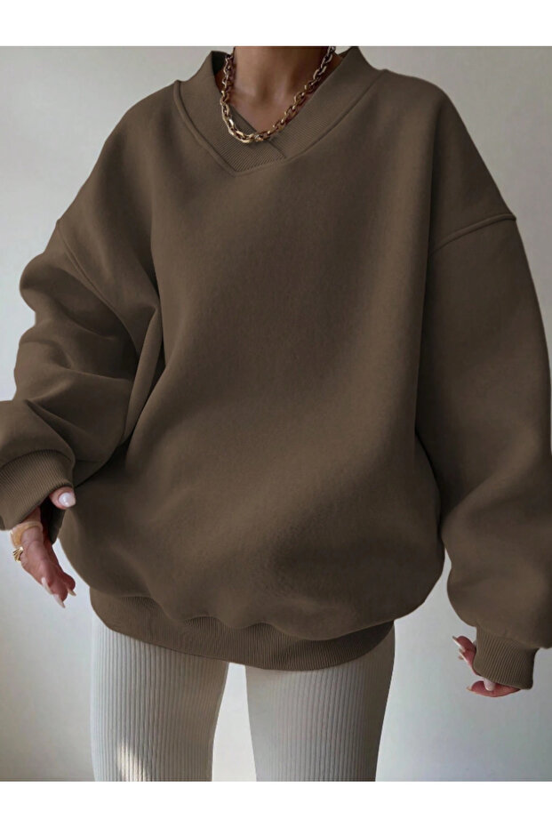 Oversize V Yaka Kadın Sweatshirt - 5