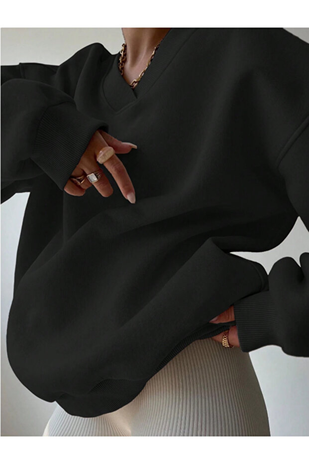 Oversize V Yaka Kadın Sweatshirt - 5
