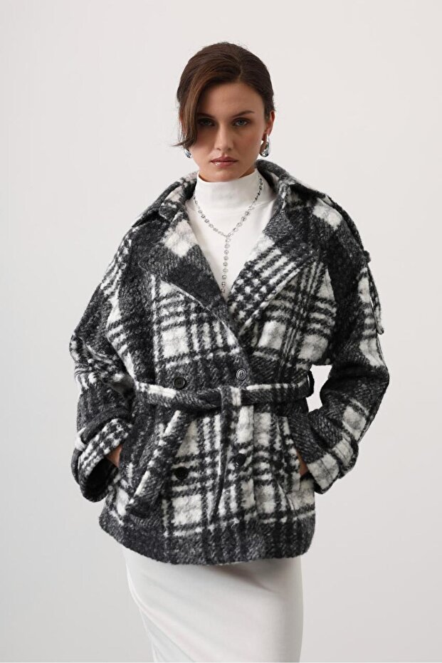 Plaid Double Breasted Coat - 4