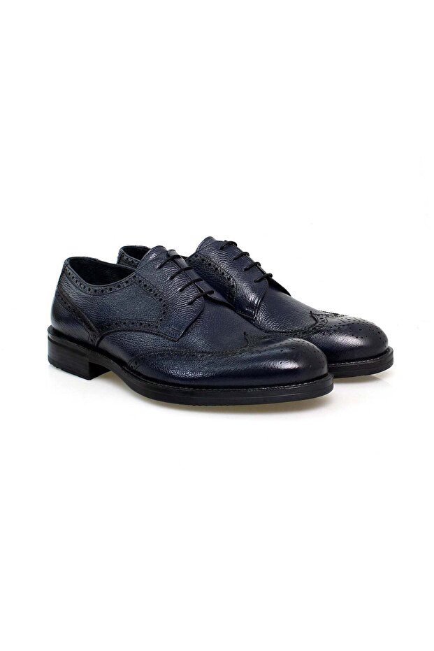 Dark Blue Color Lace-Up Genuine Leather Men's Shoes