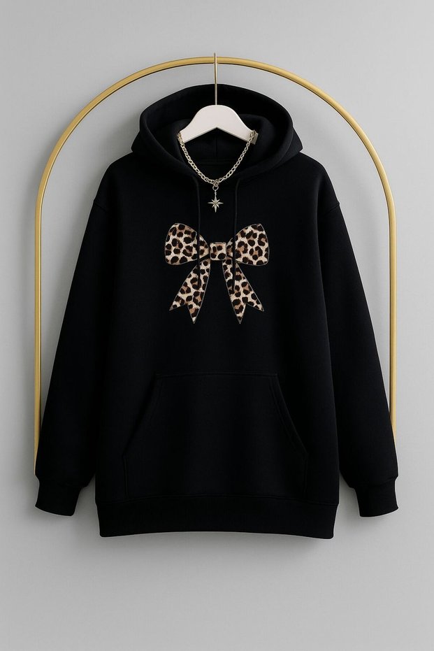 Women's Bow Printed Hooded 3 Thread Sweat -0280