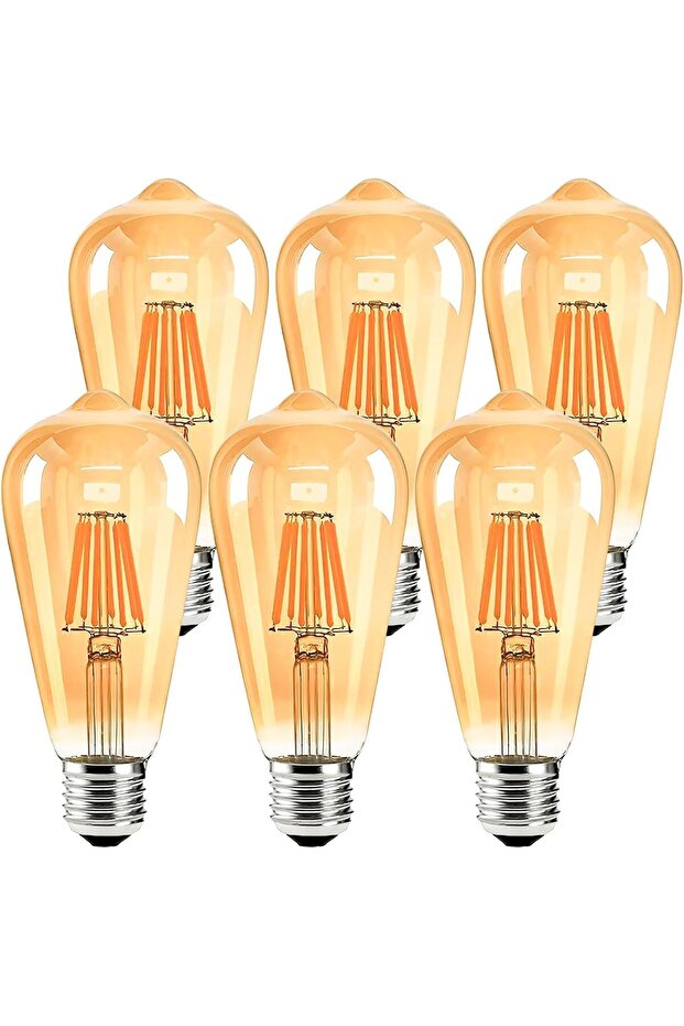 6 Pack E27 ST64 Vintage Edison LED Filament Bulbs, 4W 2700K Warm White Amber Glass