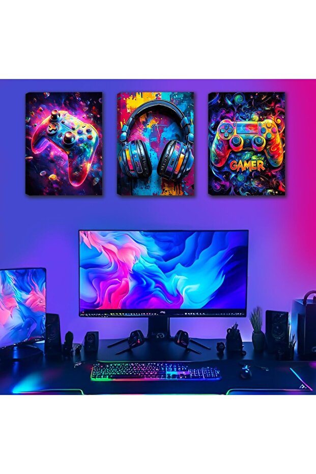 Gamer Wall Decor Set of 3 – Video Game Controller Canvas Framed 40x60cm