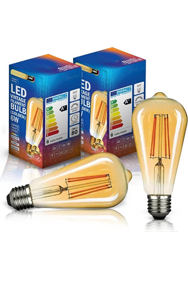 LED Vintage Edison Bulb 6W E27 ST64 Golden 2500K Warm White (Pack of 2)