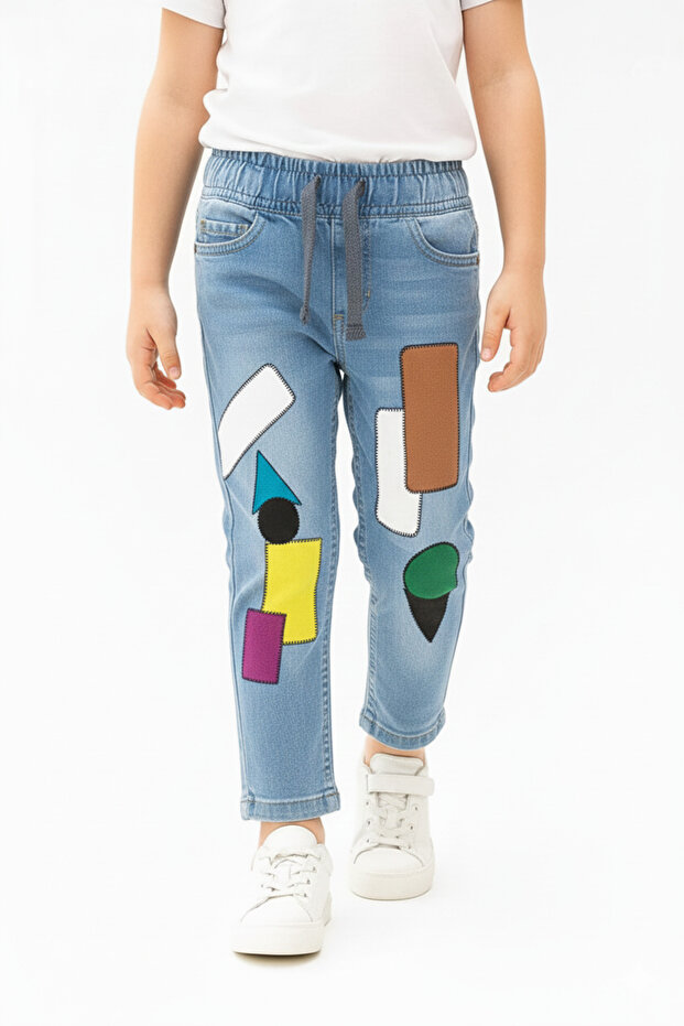 "Boys’ Blue Denim Joggers with Colorful Geometric Patchwork Design