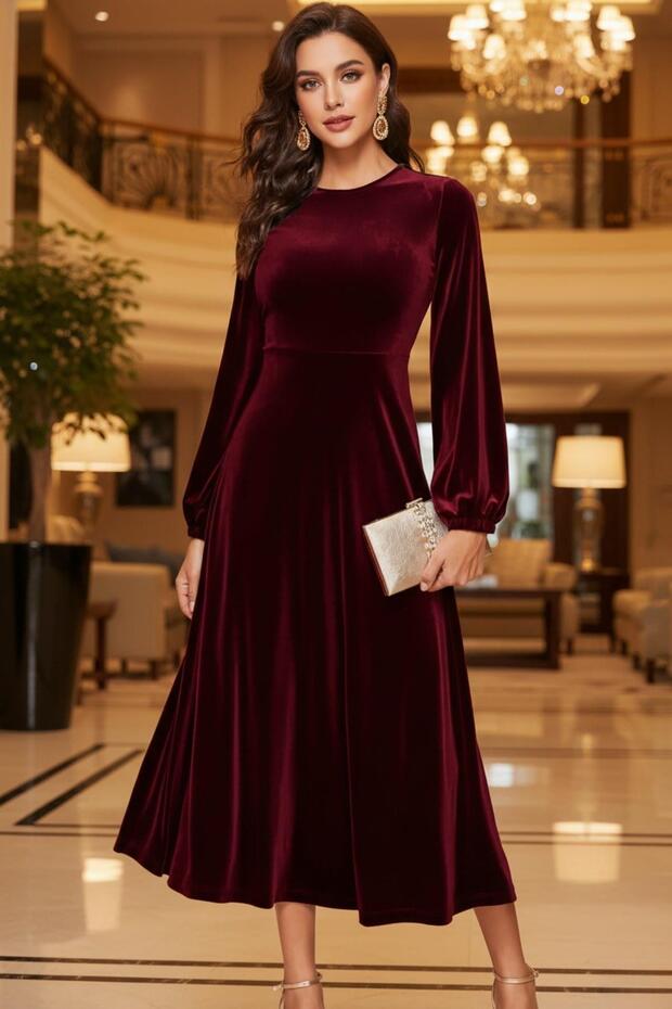 Rochie sofisticată din catifea midi burgundy - 1