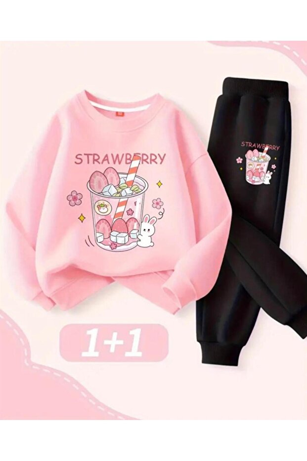 Girls' Bottom Strawberry Printed Tracksuit Set