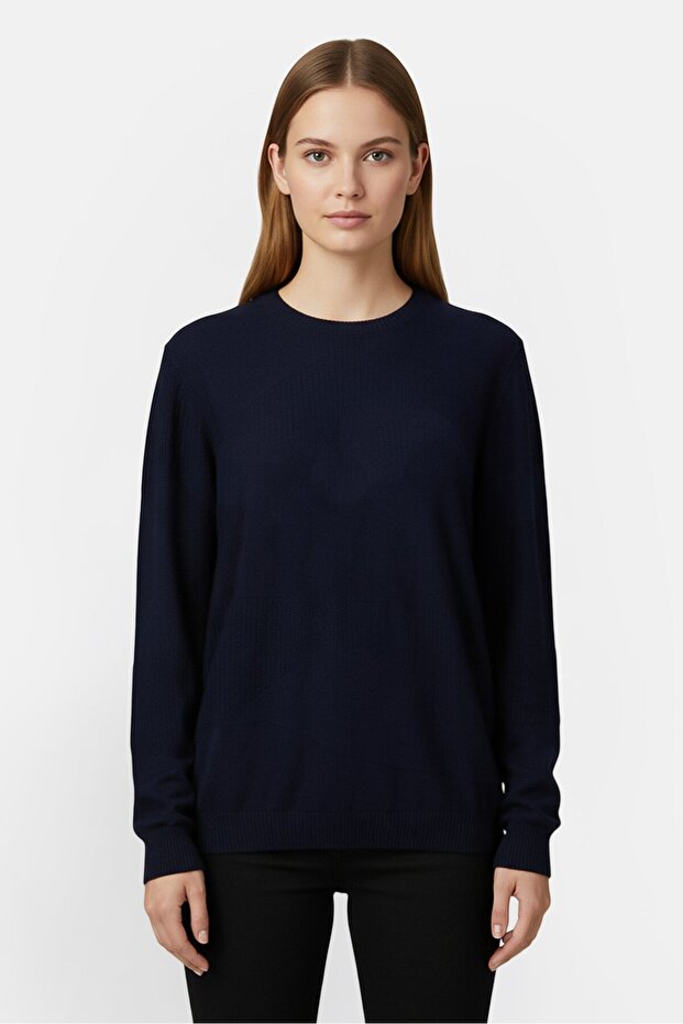 Women Crew Neck Knitted Sweater, Navy