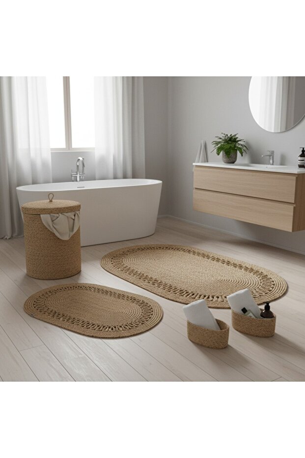 5 Piece Tricot Jute Bathroom Set - Dirty Basket, Mat and Organizer Set - Beige