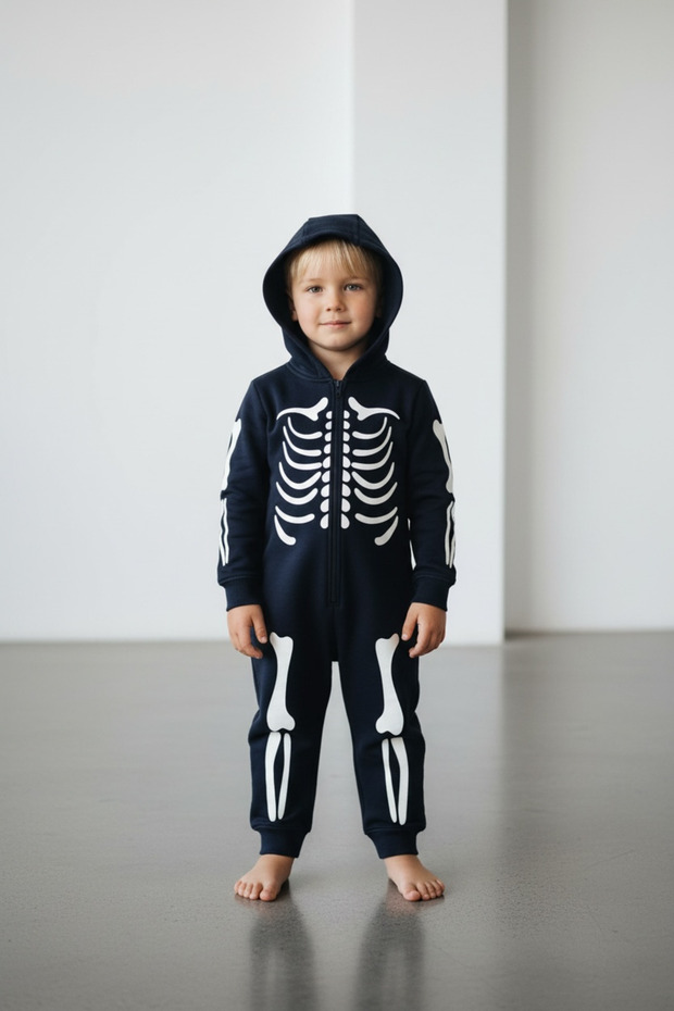 Skeleton B Printed K Hooded Black Sweatshirt Jumpsuit