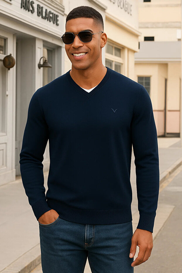 Men's Comfortable Casual V-Neck Navy Blue Long Sleeve T-Shirt