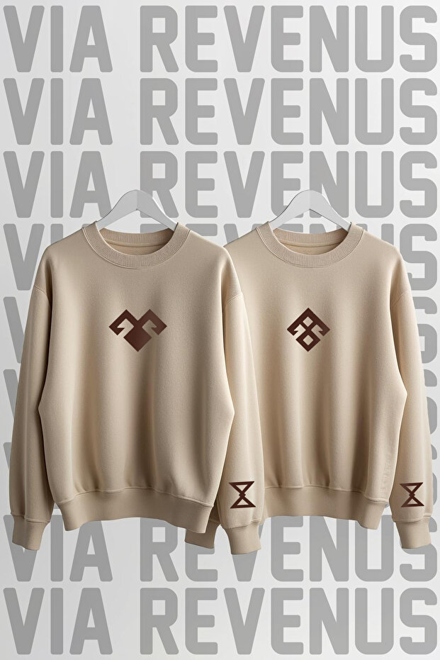 Traditional Turkish Motif Printed Crew Neck 3 Thread Ş Fleece-Lined Double Combination Sweatshirt