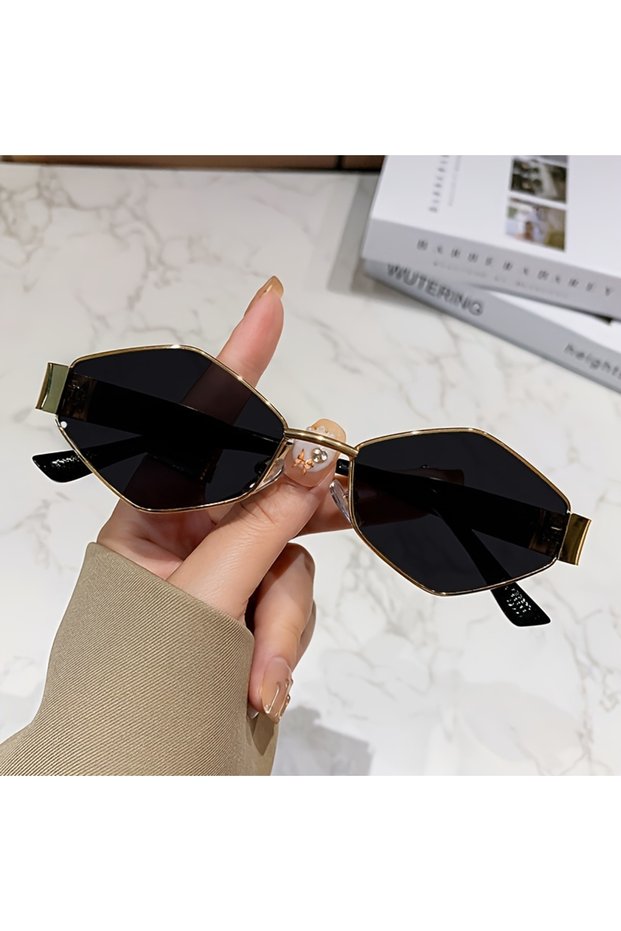 C1 Golden Gray Fashion Hexagon Sunglasses for Women Retro Gold Frame Beach Vacation Travel Driving G