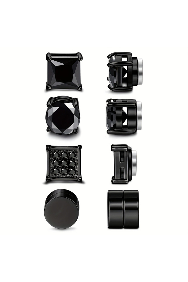 Black 4 Pairs Stainless Steel Magnetic Stud Earrings, Fashion Cubic Zirconia Magnetic Non-piercing E