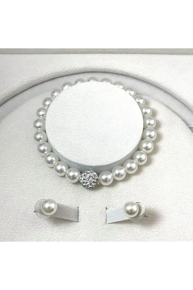 XL5527 3 PCS set Imitation Pearl Fireball Necklace Bracelet Earring Stud Jewelry Set Silver Color Cr