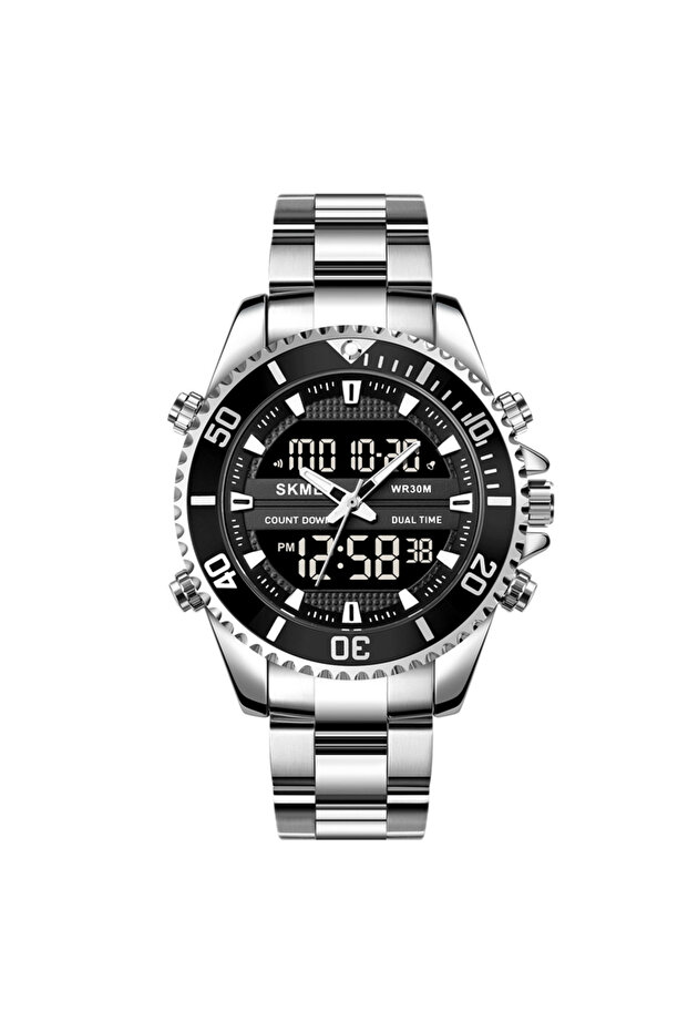 silver black Full Steel 3 Time Display Countdown Quartz Digital Sports Watches Men's Back Lig