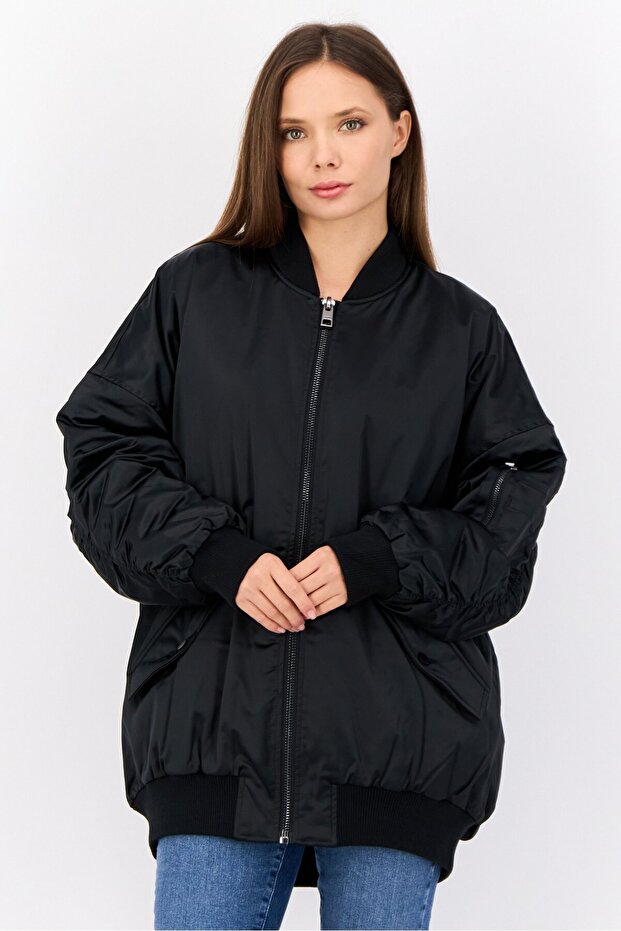 Women Solid Bomber Jacket, Black - 1