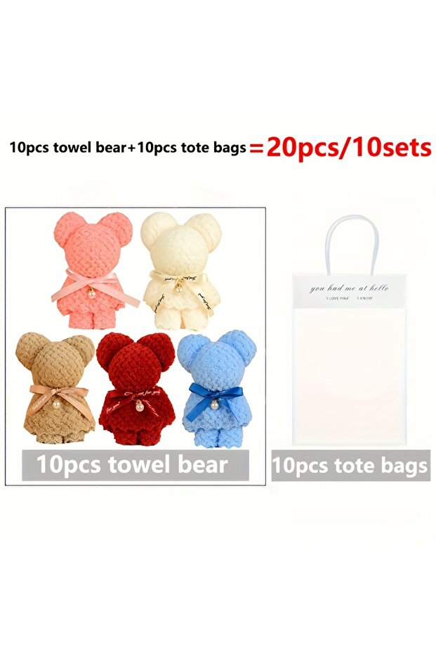 20pcs Random Color 20pcs Cute Bear Towel Gift Set with Transparent Bags - Perfect for Weddings, Birt