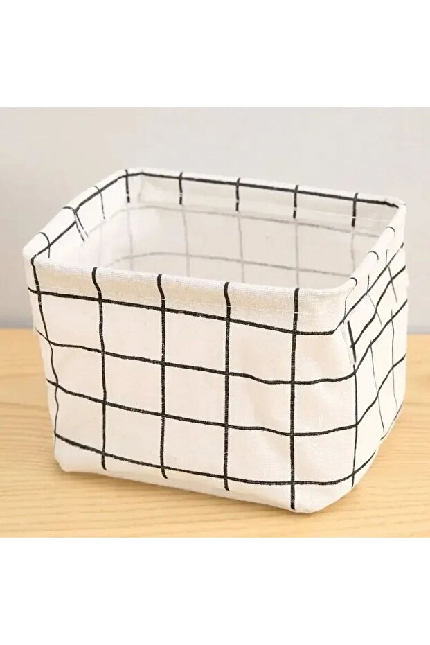 White Grid 1pc Cotton Linen Fabric Waterproof Desktop Sundries Basket Storage Box Cosmetic Toy Organ