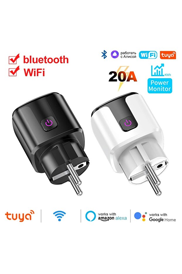 مقبس Tuya الذكي 20A أبيض بالاتحاد الأوروبي مزود بخاصية WiFi وبلوتوث ومنفذ مراقبة الطاقة ومؤقت متوافق مع